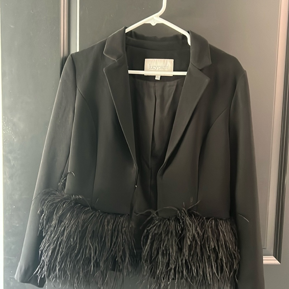 Black blazer with feather trim